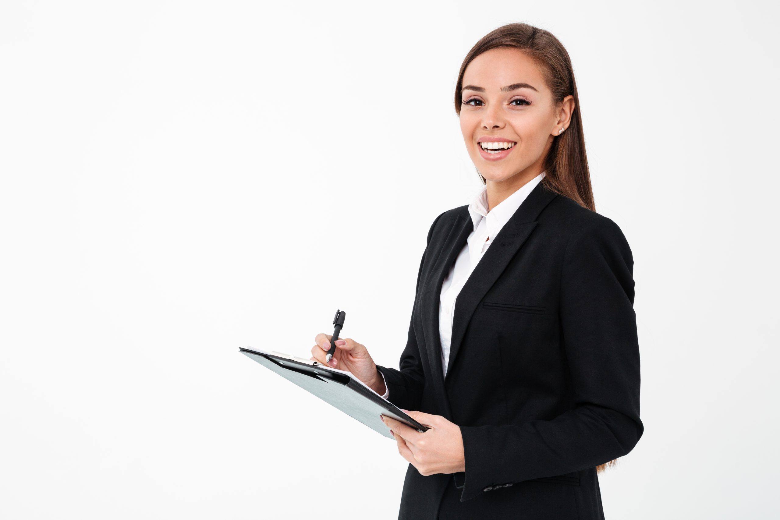 mujer de negocios alegre celebracion portapapeles